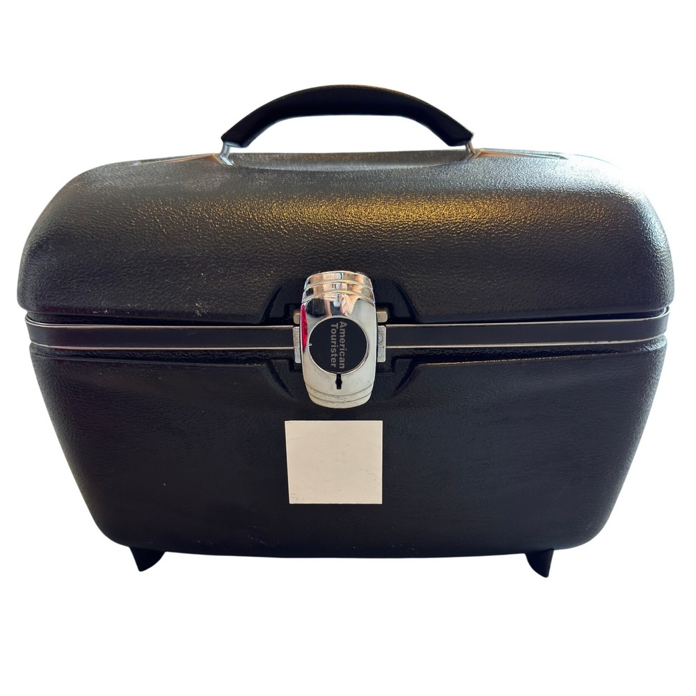 Vintage American Tourister Hard Shell Train Case Makeup Vanity Box Black Chrome